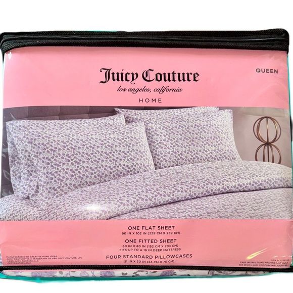 **SOLD** Juicy Couture Home 6 Piece Purple Floral Print Queen Size Sheet Set - Picture 2 of 12